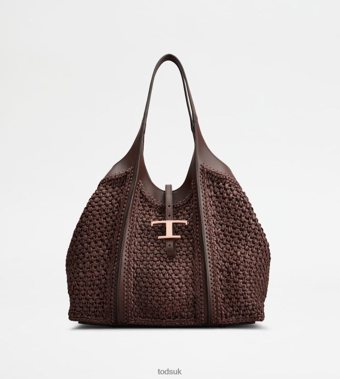 Tod's Women T Timeless Shopping Bag in Raffia and Leather Medium 602L84251 Brown