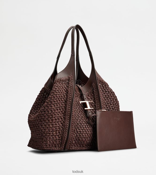 Tod's Women T Timeless Shopping Bag in Raffia and Leather Medium 602L84251 Brown