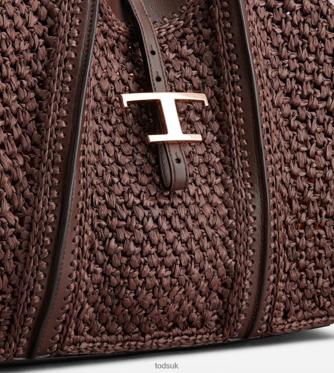 Tod's Women T Timeless Shopping Bag in Raffia and Leather Medium 602L84251 Brown