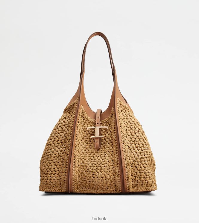 Tod's Women T Timeless Shopping Bag in Raffia and Leather Medium 602L84252 Beige/Brown