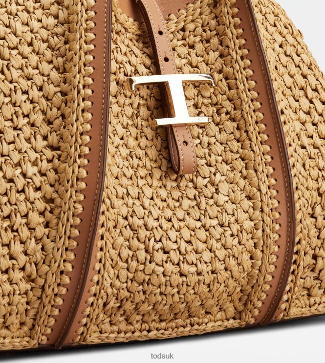 Tod's Women T Timeless Shopping Bag in Raffia and Leather Medium 602L84252 Beige/Brown