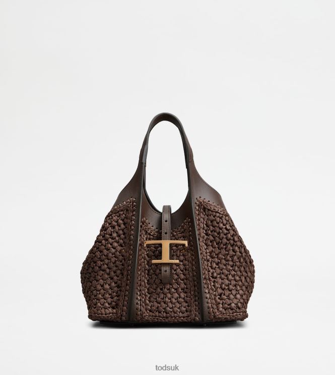Tod's Women T Timeless Shopping Bag in Raffia and Leather Mini 602L84288 Brown