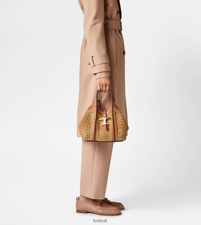 Tod's Women T Timeless Shopping Bag in Raffia and Leather Mini 602L84288 Brown