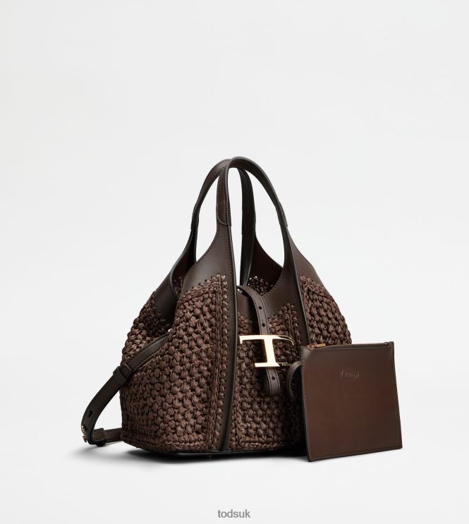 Tod's Women T Timeless Shopping Bag in Raffia and Leather Mini 602L84288 Brown