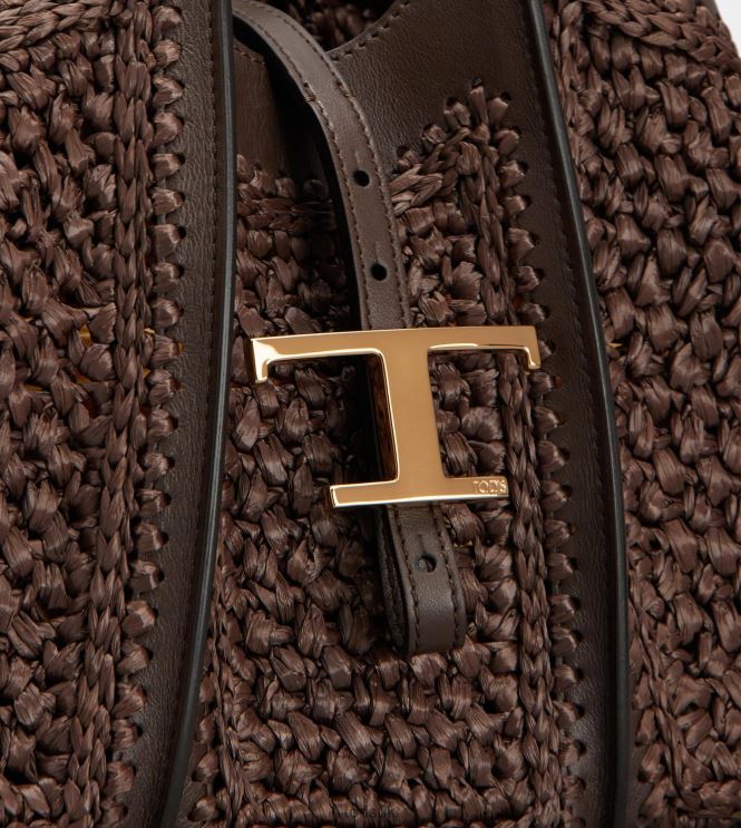 Tod's Women T Timeless Shopping Bag in Raffia and Leather Mini 602L84288 Brown