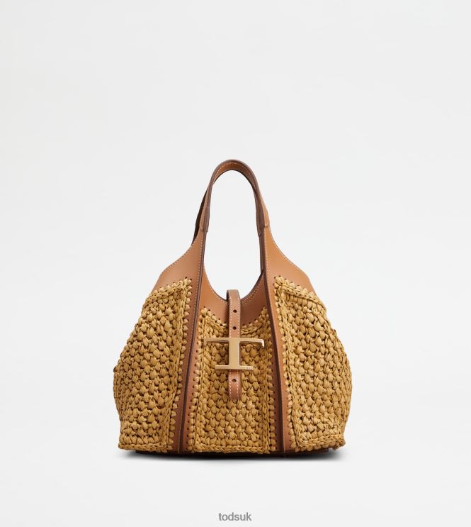 Tod's Women T Timeless Shopping Bag in Raffia and Leather Mini 602L84293 Beige/Brown