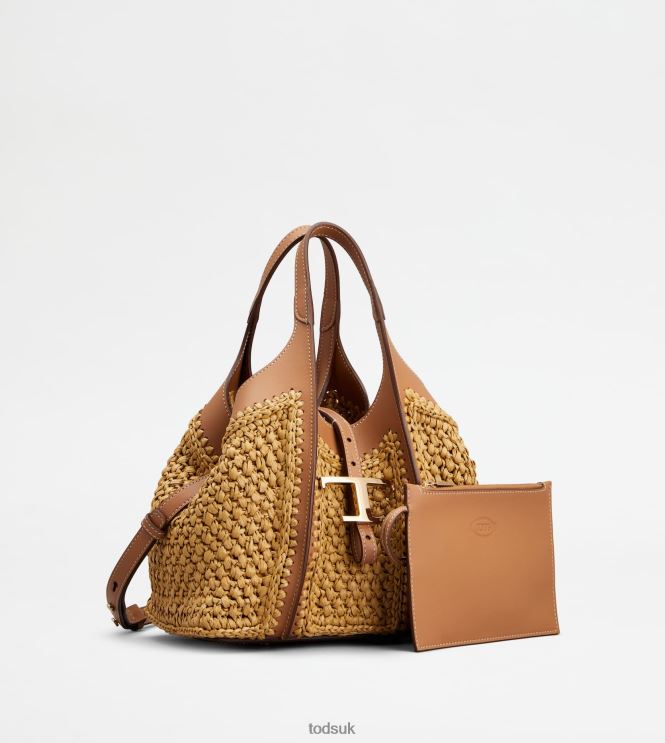 Tod's Women T Timeless Shopping Bag in Raffia and Leather Mini 602L84293 Beige/Brown