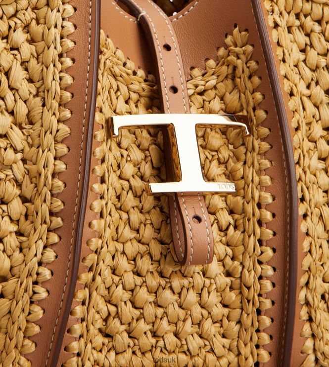Tod's Women T Timeless Shopping Bag in Raffia and Leather Mini 602L84293 Beige/Brown