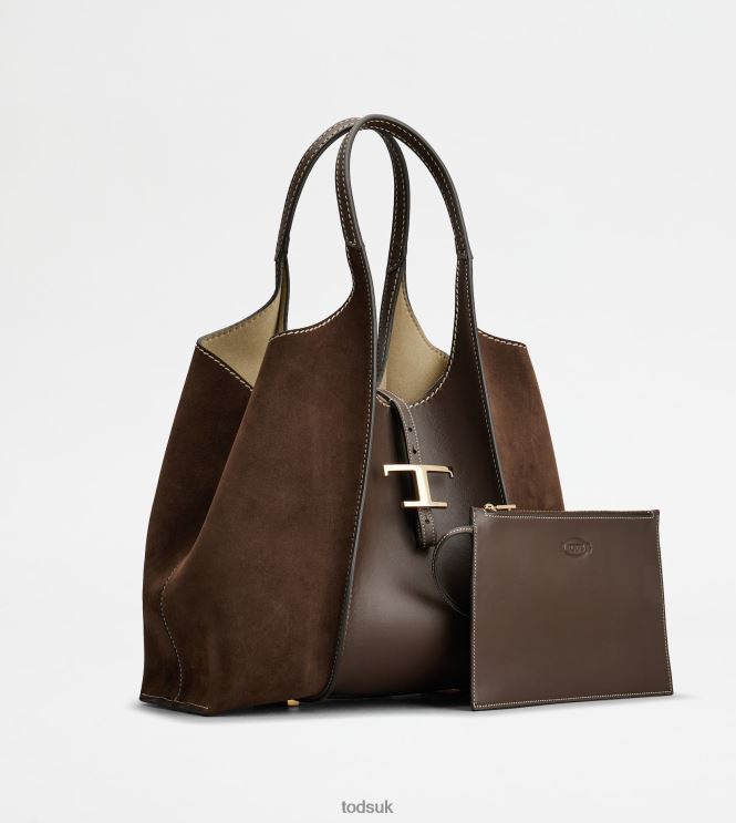 Tod's Women T Timeless Shopping Bag in Smooth Leather and Suede Medium 602L84304 Brown