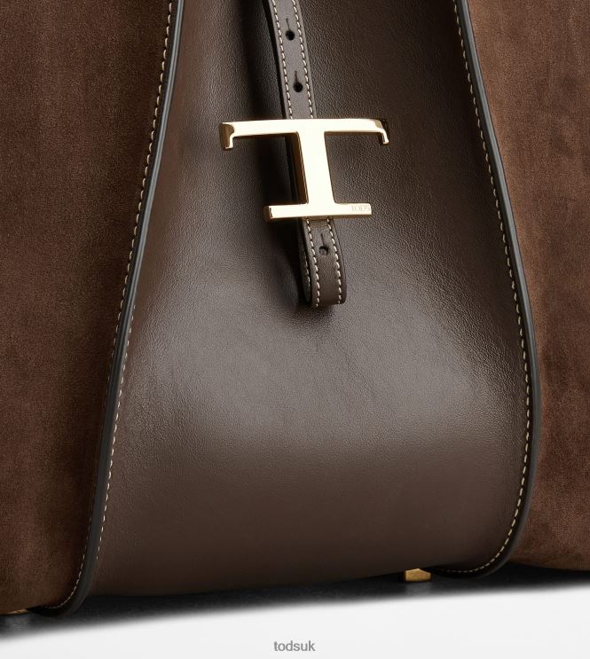 Tod's Women T Timeless Shopping Bag in Smooth Leather and Suede Medium 602L84304 Brown