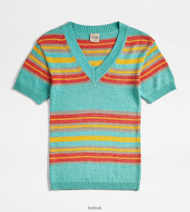 Tod's Women Short-sleeved Linen Blend Jumper 602L84554 Light Blue/Yellow/Orange