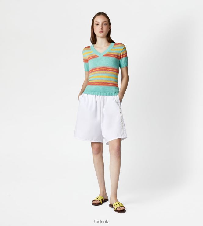 Tod's Women Short-sleeved Linen Blend Jumper 602L84554 Light Blue/Yellow/Orange