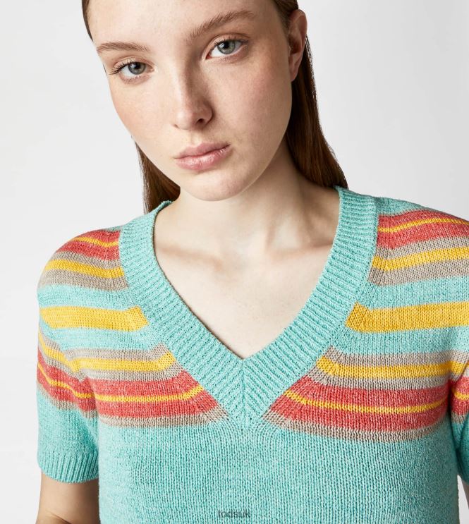 Tod's Women Short-sleeved Linen Blend Jumper 602L84554 Light Blue/Yellow/Orange