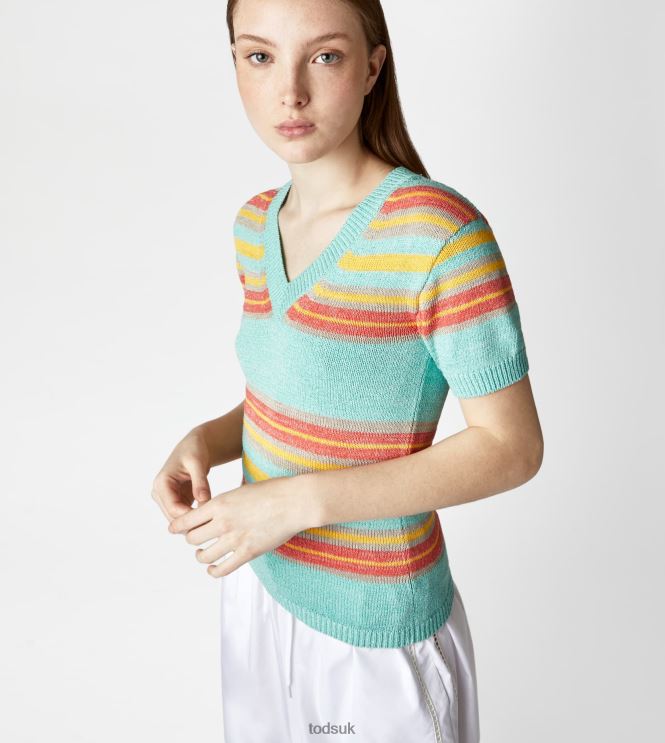 Tod's Women Short-sleeved Linen Blend Jumper 602L84554 Light Blue/Yellow/Orange