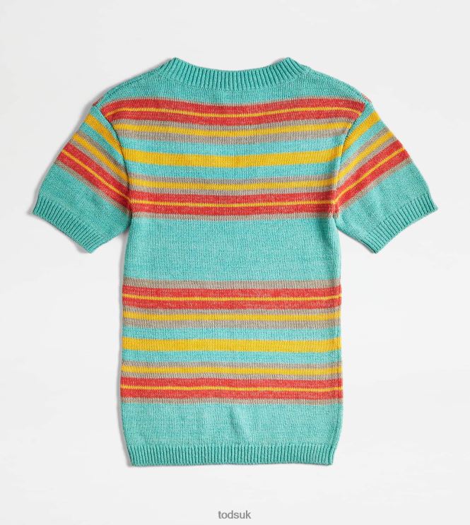 Tod's Women Short-sleeved Linen Blend Jumper 602L84554 Light Blue/Yellow/Orange