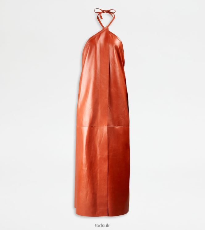 Tod's Women Dress in Leather with Halterneck Collar 602L84583 Orange