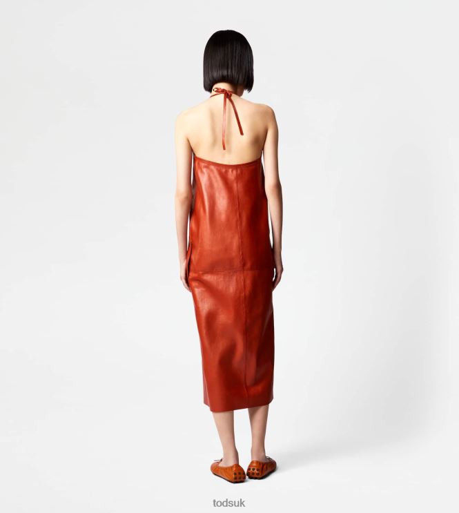 Tod's Women Dress in Leather with Halterneck Collar 602L84583 Orange