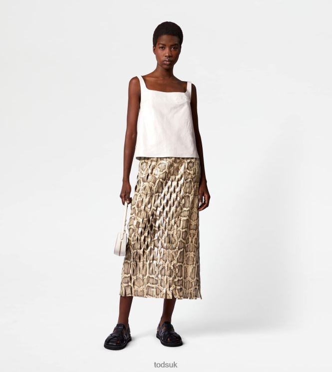 Tod's Women Midi-skirt in Reptile Print Leather 602L84582 Beige/Black