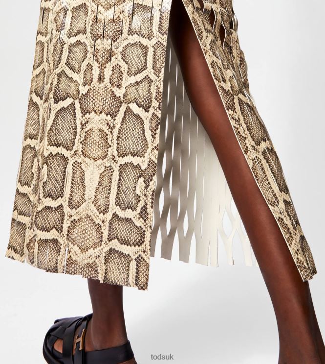 Tod's Women Midi-skirt in Reptile Print Leather 602L84582 Beige/Black
