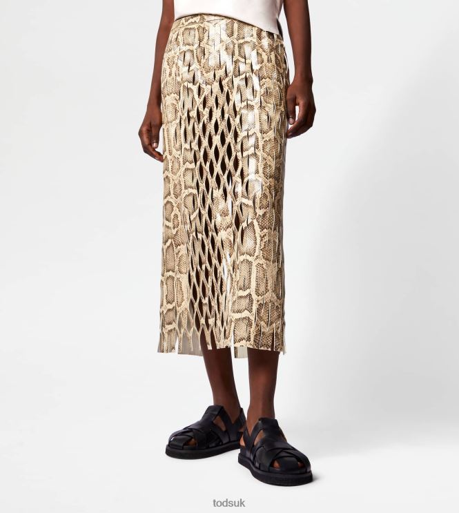 Tod's Women Midi-skirt in Reptile Print Leather 602L84582 Beige/Black