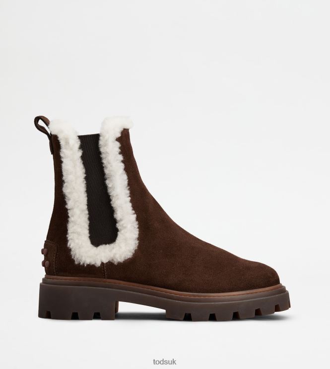Tod's Women Chelsea Boots in Suede and Sheepskin 602L84176 Brown