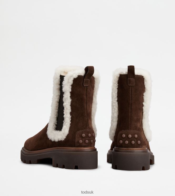 Tod's Women Chelsea Boots in Suede and Sheepskin 602L84176 Brown