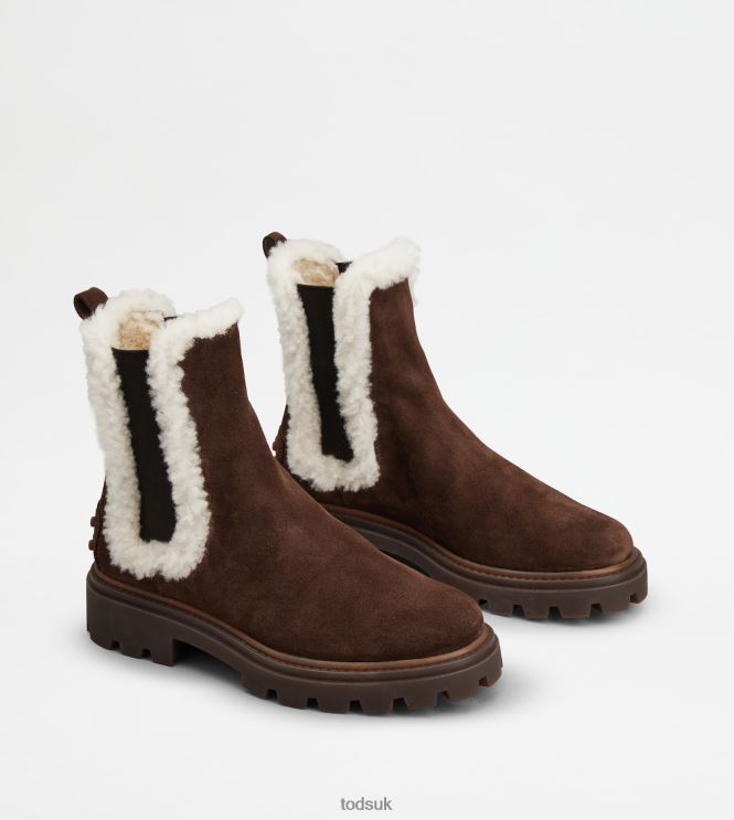Tod's Women Chelsea Boots in Suede and Sheepskin 602L84176 Brown