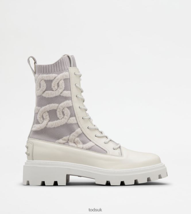 Tod's Women Kate Combat Boots in Fabric and Leather 602L84181 White