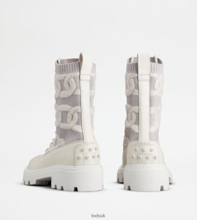 Tod's Women Kate Combat Boots in Fabric and Leather 602L84181 White