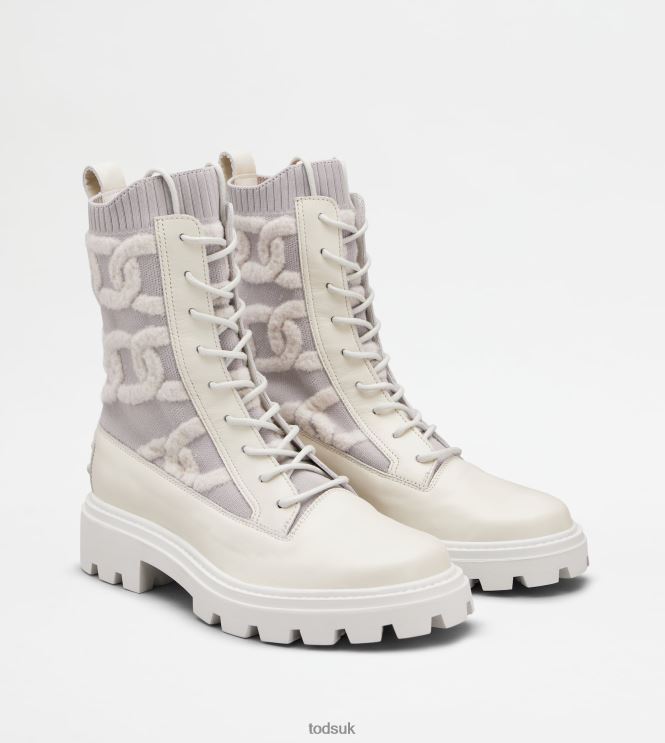 Tod's Women Kate Combat Boots in Fabric and Leather 602L84181 White