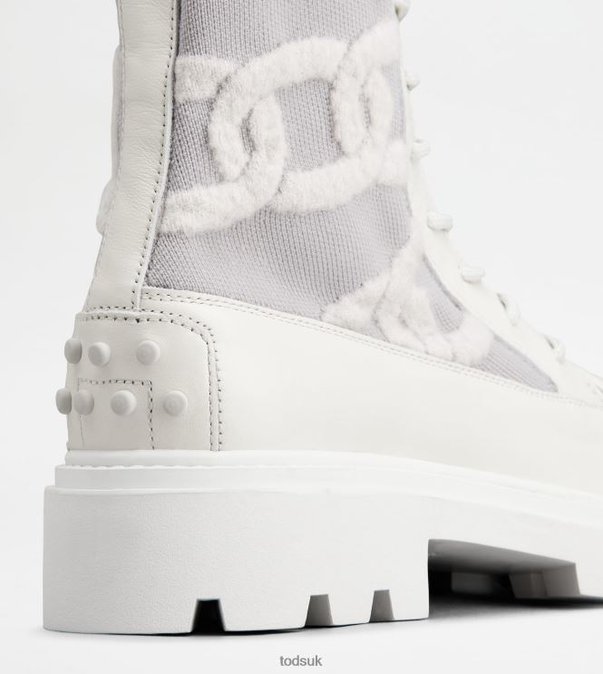 Tod's Women Kate Combat Boots in Fabric and Leather 602L84181 White