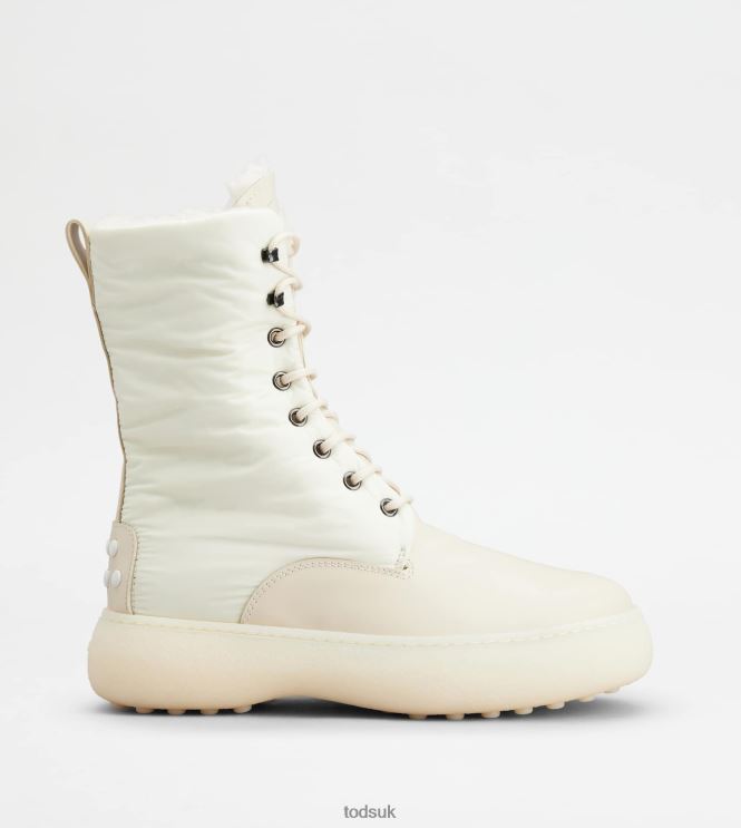 Tod's Women W. G. Lace-up Ankle Boots in Leather and Fabric 602L84154 White