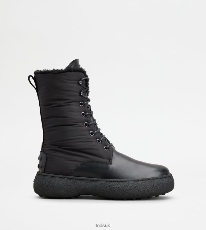 Tod's Women W. G. Lace-up Ankle Boots in Leather and Fabric 602L84156 Black