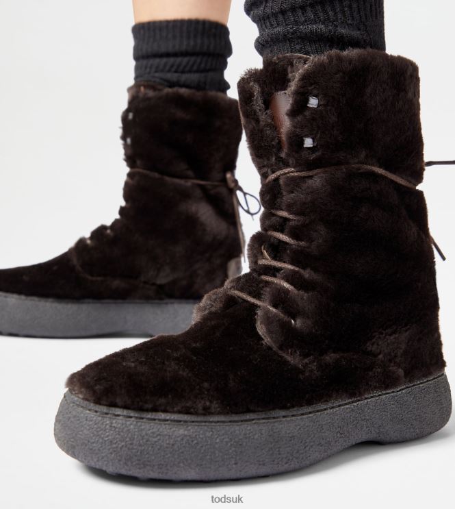 Tod's Women W. G. Lace-up Ankle Boots in Sheepskin 602L84172 Brown