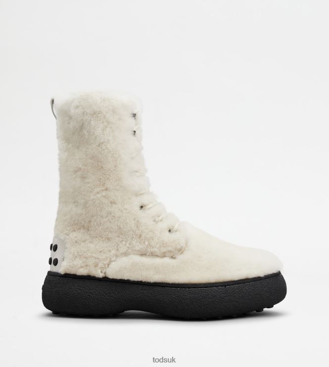 Tod's Women W. G. Lace-up Ankle Boots in Sheepskin 602L84173 White