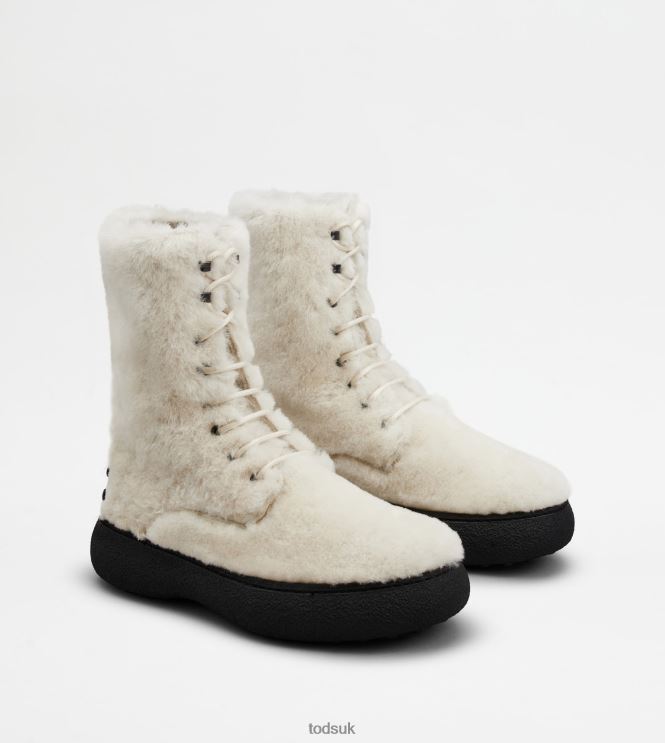 Tod's Women W. G. Lace-up Ankle Boots in Sheepskin 602L84173 White