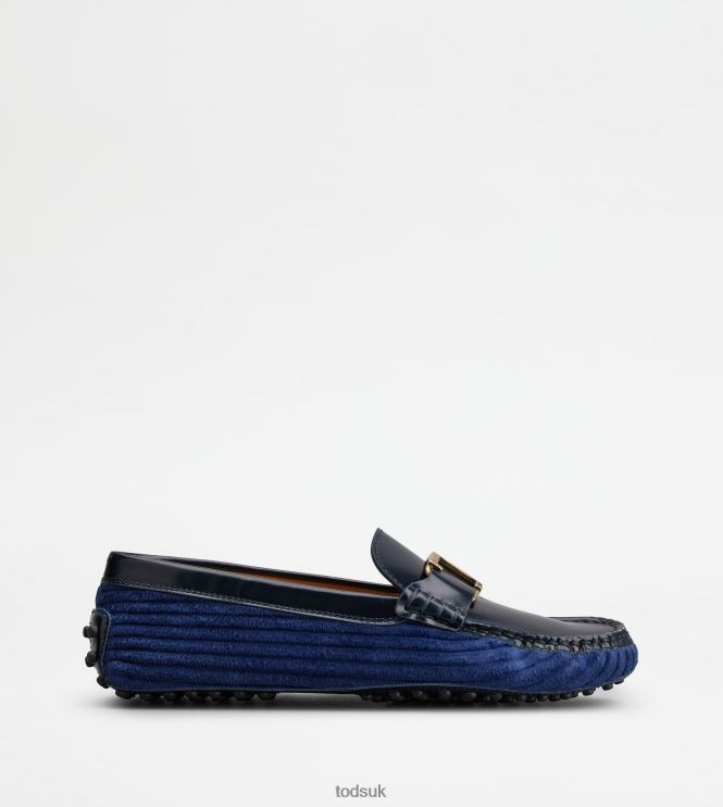 Tod's Women T Timeless Gommino Driving Shoes in Leather and Velvet 602L8477 Blue/Gold