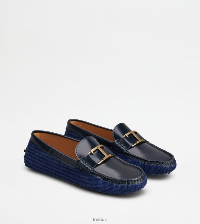 Tod's Women T Timeless Gommino Driving Shoes in Leather and Velvet 602L8477 Blue/Gold