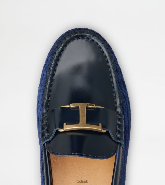 Tod's Women T Timeless Gommino Driving Shoes in Leather and Velvet 602L8477 Blue/Gold