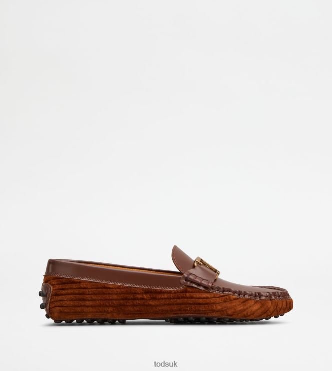Tod's Women T Timeless Gommino Driving Shoes in Leather and Velvet 602L8480 Brown