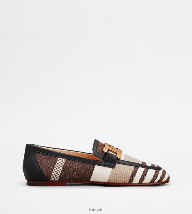 Tod's Women Kate Loafers in Fabric and Leather 602L8457 Brown/Off White/Beige