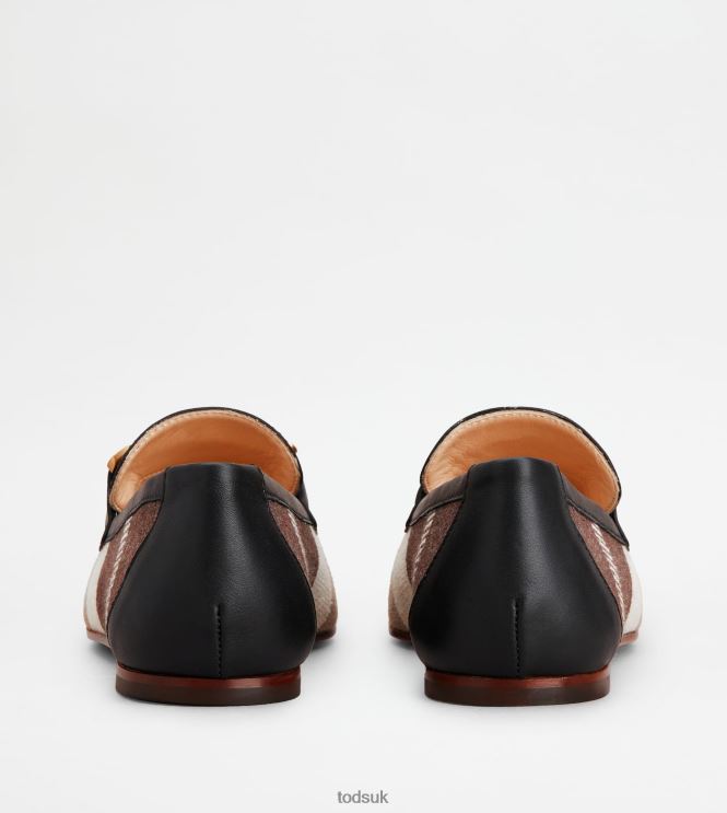 Tod's Women Kate Loafers in Fabric and Leather 602L8457 Brown/Off White/Beige