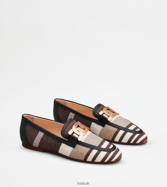 Tod's Women Kate Loafers in Fabric and Leather 602L8457 Brown/Off White/Beige