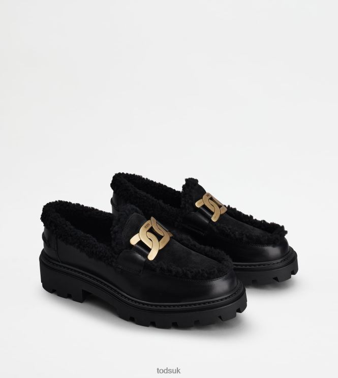 Tod's Women Kate Loafers in Leather and Sheepskin 602L8436 Black