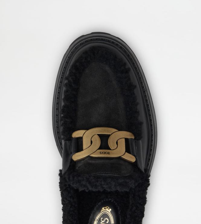 Tod's Women Kate Loafers in Leather and Sheepskin 602L8436 Black