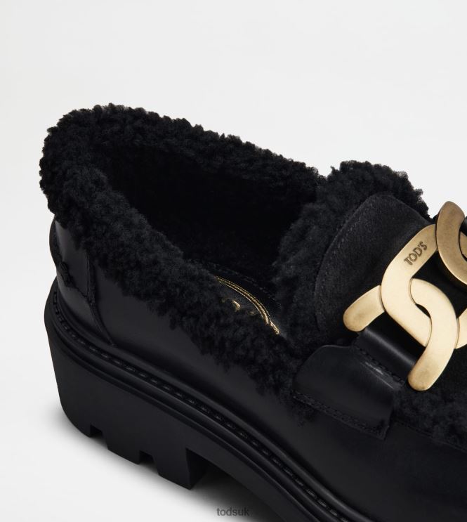 Tod's Women Kate Loafers in Leather and Sheepskin 602L8436 Black