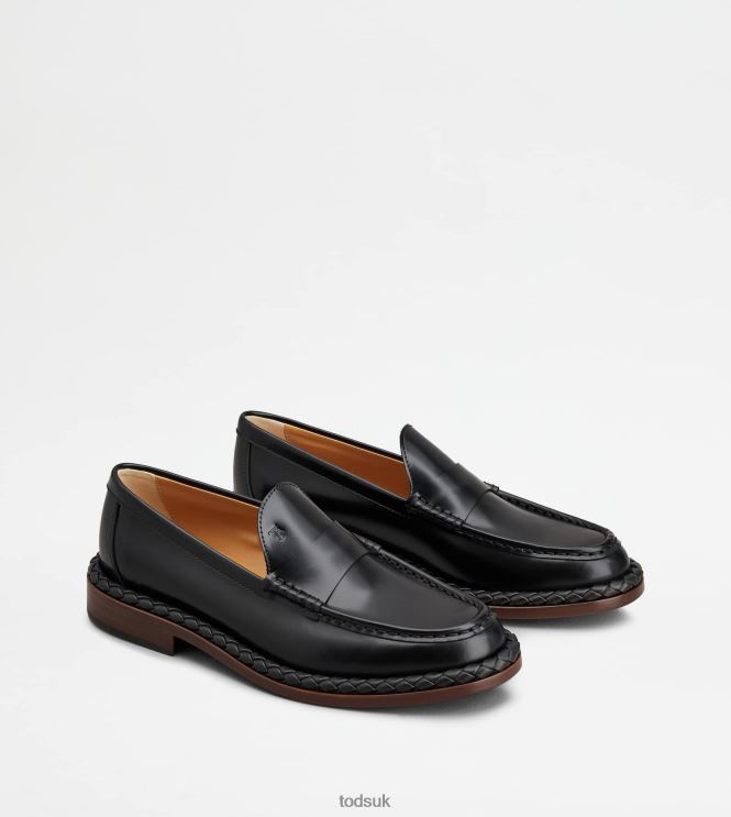 Tod's Women Loafers in Leather With Woven Welt 602L8434 Black