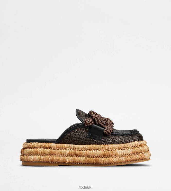 Tod's Women Kate Platform Mules in Fabric and Leather 602L84235 Brown/Beige