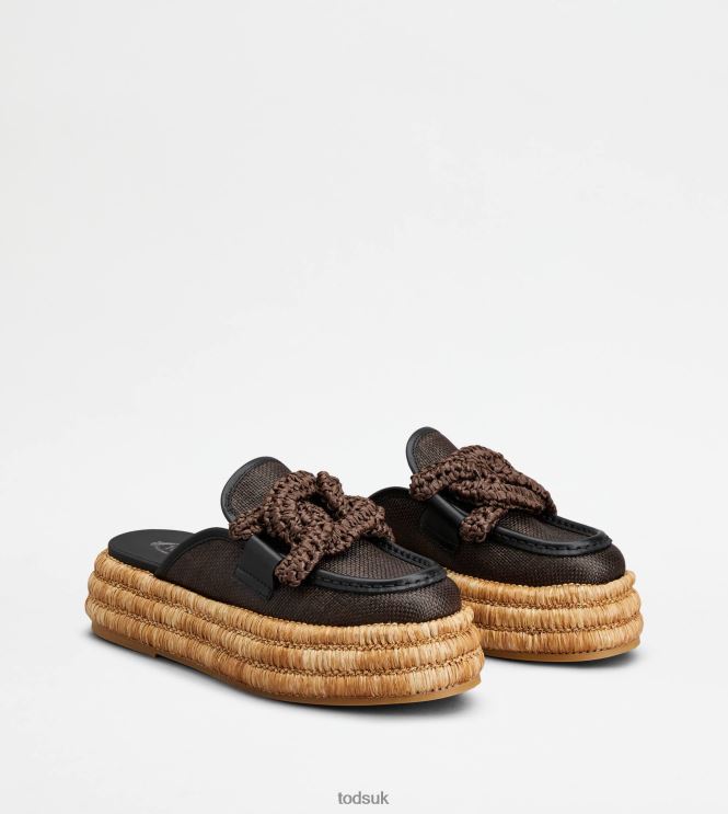 Tod's Women Kate Platform Mules in Fabric and Leather 602L84235 Brown/Beige