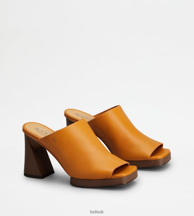 Tod's Women Platform Mules in Leather With Heel 602L84219 Orange
